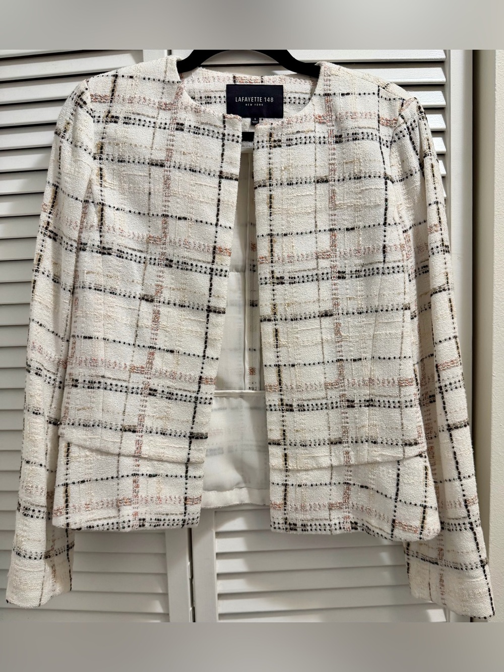 Like New Lafayette 148 New York Plaid Tweed Peplum Jacket Metallic Boucle, Size